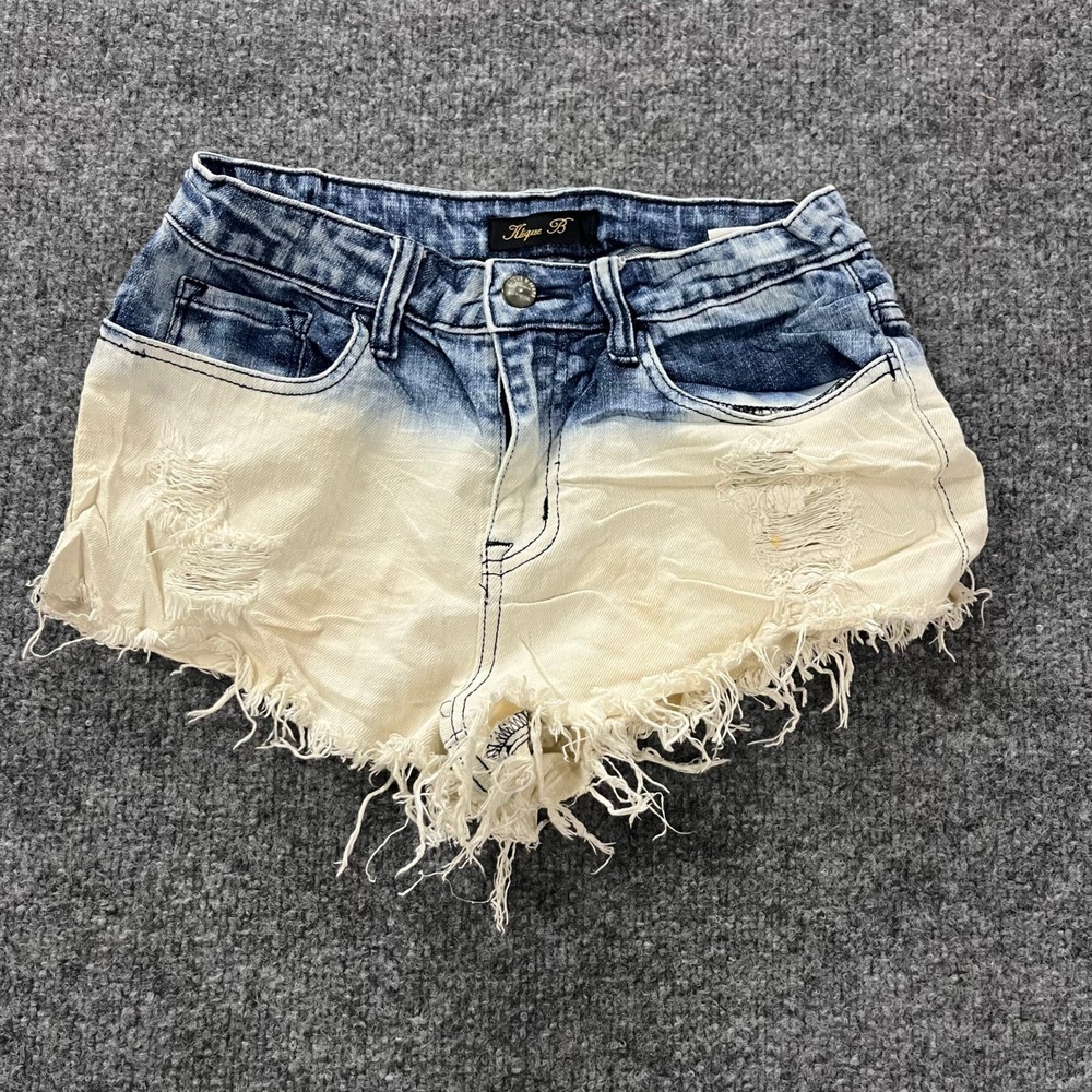 Klique B Denim Shorts Womens Size XS Blue Cream Ombre Distressed Frayed Cutoff